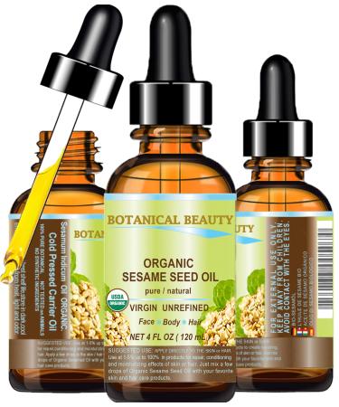 Botanical Beauty Organic SESAME SEED OIL 100% Pure Natural Virgin Unrefined Undiluted Cold Pressed Carrier Oil for Face Skin Body Hair Massage Nails (4 Fl Oz 120 ml) 4 Fl Oz (Pack of 1)
