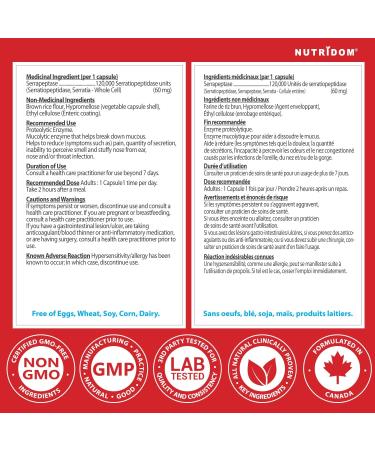 Nutridom Serrapeptase 120 000 SU Enteric Coated Capsules Non-GMO Free of Gluten Soy & Dairy Made in Canada (60 Count) - Buy Online on GoSupps.com