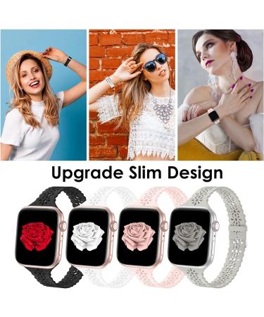 Bandiction Lace Silicone Bands for Apple Watch 38mm/40mm/41mm - 4 Pack Slim Thin Hollow-out Wristbands - Compatible with iWatch Series Ultra 8 SE 7 6 5 4 3 2 1 - Black/White/Sand Pink/Stone - Buy Online on GoSupps.com