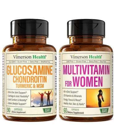 Glucosamine Chondroitin Turmeric + Multivitamin for Women 2-Bottle Supplement Bundle for Her. Healthy Immune Response Joint Support Antioxidant Properties
