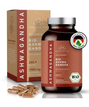 Mind & Matter Premium Bio Ashwagandha vegan - 240 Capsules full spectrum powder high dose - 1 980 MG Real Indian sleep berry per daily dose - without additives - filled out & checked in DE - Brownlas