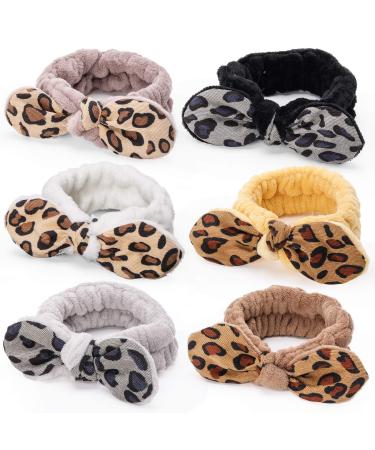 Shindel 6PCS Bowknot Leopard Spa Headbands  Coral Fleece Facial Makeup Headband Leopard for Yoga Sports Shower
