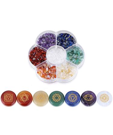 PESOENTH Natural Chakra Stones Healing Crystals Tumbled Chip Gemstones Set for Reiki, Meditation,Yoga,Chakra Balance,Relaxation,Decor ( 7pcs Engraved Chakra Symbol Crystals +Crystal Gemstone Clips)