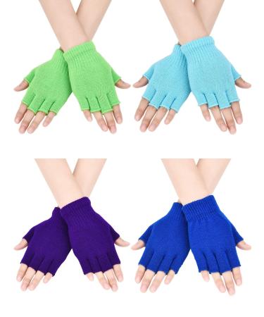 Bememo 4 Pairs Fingerless Gloves Half Finger Mittens Winter Solid Color Knitted Typing Gloves for Boys and Girls Color Set 2