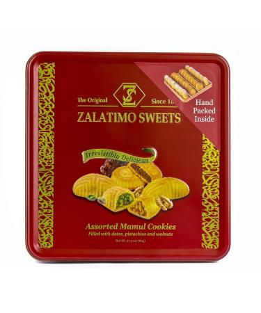 Zalatimo Sweets Since 1860, 100% All Natural Assorted Mamoul Shortbread Cookies, Square Metal Gift Tin, Slightly Sweet Cookies, Pistachio, Walnuts, Dates, No Preservatives, No Additives, 1.7Lbs