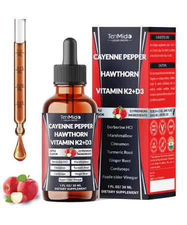 Tenmido 12in1 Cayenne Pepper Drops - Extract Liquid Supplement with D3 K2 Hawthorn Berry Beet Root Berberine HCl Marshmallow Root Ceylon Cinnamon Turmeric Apple Cider Vinegar & More - 1 Fl Oz