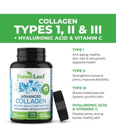 Forest Leaf Collagen Pills with Hyaluronic Acid, Vitamin C - Reduce Wrinkles, Tighten Skin, Boost Hair, Skin, Nails & Joint Health - 120 Capsules - Buy Online on GoSupps.com