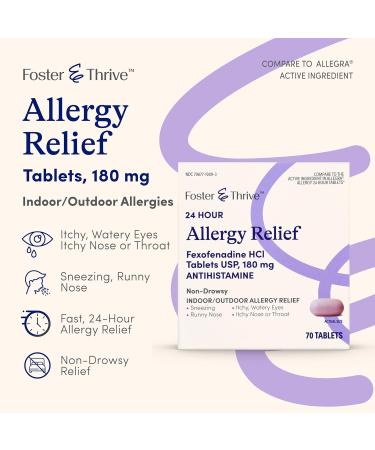 Foster & Thrive 24 Hour Allergy Relief - Non-Drowsy Fexofenadine Hydrochloride 180 mg 70 Tablets for Indoor & Outdoor Allergies - Buy Online on GoSupps.com