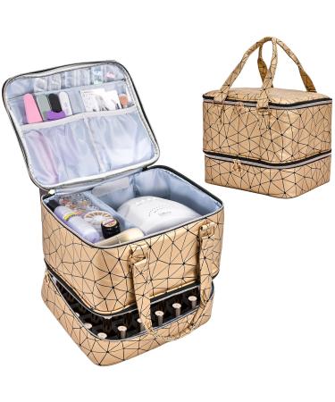 Uross nail polish organizer for 42 nail polish bottles and 1 LED nail lamp nail polish storage bag for nail design accessories (gold)