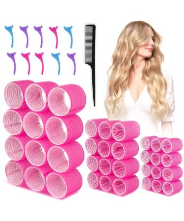 Hair Rollers for Long Hair, 47Pcs Jumbo Large Rollers Hair Curlers for Long Medium Short Hair Self Grip No Heat 3 Size with Clips Comb Rose Red 47 Piece Set