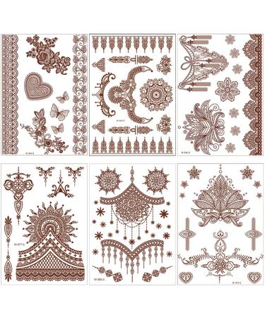 Brown Henna Temporary Tattoos for Women - Waterproof, Semi-Permanent Body Stickers for Festivals, Parties - 6 Sheets - Buy Online on GoSupps.com