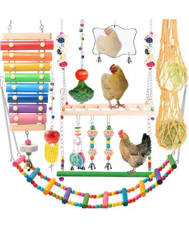 KAKUNM Chicken Toys for Coop 12PCS, Chicken Xylophone, Chicken Swing Set, Chicken Mirror Toy, Chicken Flexible Ladder, Chicken Vegetable String Bag and Hanging Feeder, Chicken coop Toys for hens