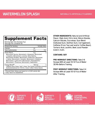 Optimum Nutrition Amino Energy + Electrolytes Powder - Watermelon Splash | BCAAs, Amino Acids, Pre Workout Energy Powder 65 Servings - Buy Online on GoSupps.com