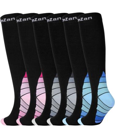 Aotozan 3 pairs compression stockings for women men 20-30 mmHg support stockings running stockings sport compression socks for fitness travel flight cycling l/xl (6 Pack) black