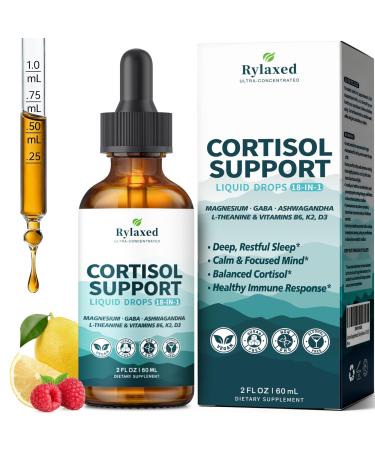 Cortisol Supplements for Women & Men, 18 in 1 Stress & Mood Support Drops with Magnesium 480mg, GABA, Ashwagandha, L-Theanine & Phosphatidylserine, for Relaxation & Sleep, Lemon Raspberry Flavor 60mL