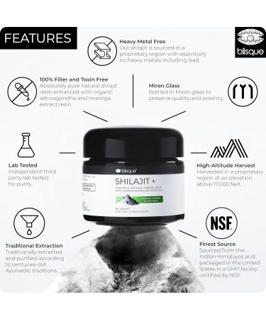 Blisque - Pure Himalayan Organic Shilajit Resin Supplement | with Organic Ashwagandha and Moringa | Authentic and Natural | Golden Grade A | Contains Fulvic Acid and Trace Minerals | 60 Grams - Buy Online on GoSupps.com