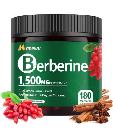 Manewu Organic Berberine Supplement - 180 Count Berberine with Ceylon Cinnamon & Citrus Bergamot Cinnamon Supplements Berberine 1500mg Complex 3-Month Supply