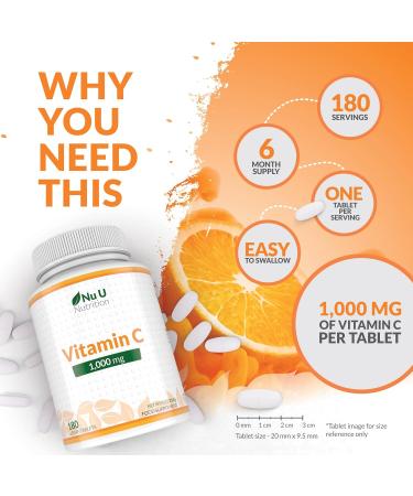 Vitamin C 1000mg - 180 Vegan Tablets - 6 Month Supply - High Strength Ascorbic Acid - Supports Immune System Energy & Collagen Formation - Nu U Nutrition - Buy Online on GoSupps.com