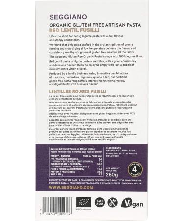 Seggiano Organic Red Lentil Fusilli 250g - Certified Gluten Free Vegan Vegetarian & GMO Free - High in Protein & High in Fibre - Made from 100% Legume Flour - Buy Online on GoSupps.com