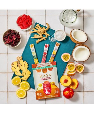 Rasa Hydration Adaptogen Powder Variety Pack | Electrolyte Mix for Rapid Hydration & Stress Support | Ginseng Real Fruit & Coconut Water | Peach Passion Lemon Ginger & Raspberry Hibiscus | 15 Pack - Buy Online on GoSupps.com