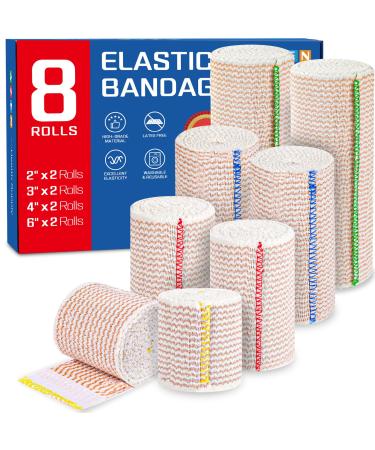 AZEN Premium 8 Pack Elastic Bandage Wrap (2x2" 2x3" 2x4" 2x6") Compression Wrap Bandage for Legs Ankle Knee Tummy Body Latex-Free Lymphedema Wraps for Legs