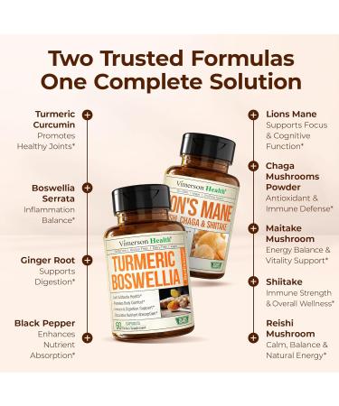 Boswellia Turmeric Curcumin Supplement + Lions Mane Supplement Capsules Bundle for Joint Health Mood & Immune Support with Ginger Organic Turmeric Powder Turkey Tail Shiitake Mushrooms & More - Buy Online on GoSupps.com