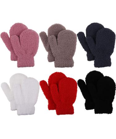 Jupsk Toddler Mitten Kids Winter Warm Knitted Solid Color Coral fleece Gloves Magic Stretch Gloves for Baby Boys and Girls 1-4 Years Old 6 Pairs