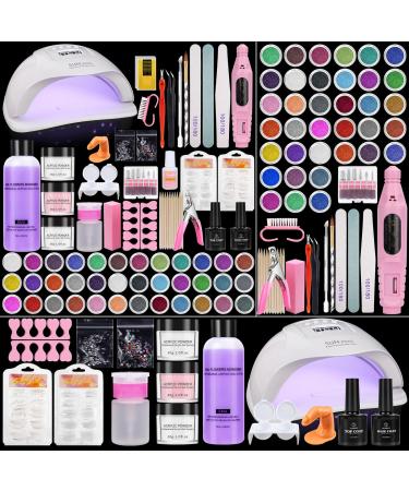 Acrylic Nail Kit with Drill and Lamp: 3 Colors 30G Acrylic Powder Nail Set - 36 Colored Glitter Powder Nail Art Tools Extension Kits Full Set for Beginners