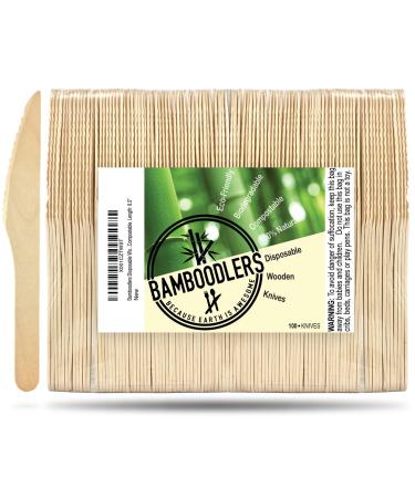 BAMBOODLERS Disposable Wooden Knives 100% All-Natural, Eco-Friendly, Biodegradable, and Compostable - Because Earth is Awesome! Pack of 100-6.5 knives.