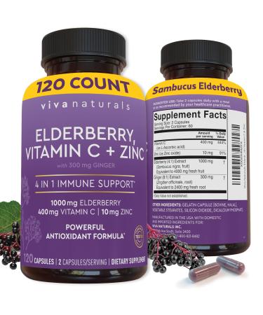 Viva Naturals Elderberry with Vitamin C and Zinc (120 Capsules) - 1000mg Sambucus Elderberry Immune Support Supplement Black Elderberry Capsules for Adults Elderberry Vitamins - 2 Months Supply 120 Count (Pack of 1)