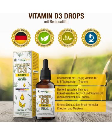 Pharmavital Vitamin D3 Drops 5000 IU - 50ml High-Quality Immune Support Vegetarian Liquid for Bones & Muscles - Laboratory Tested 1830 Drops - Buy Online on GoSupps.com