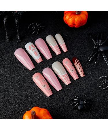 Coffin Halloween False Nails - 24Pcs Pink French Fake Nails with Skull & Eyes Pattern for Women and Girls - Buy Online on GoSupps.com