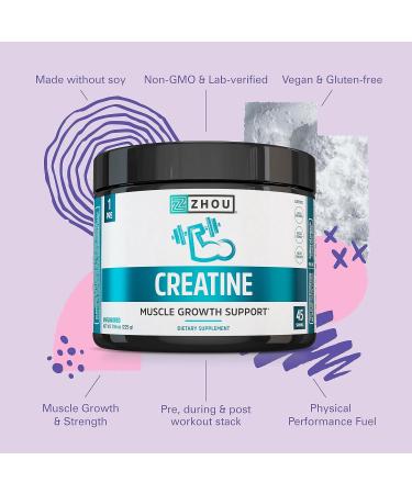 Zhou Nutrition Creatine Monohydrate Powder - Pure Unflavored Vegan Non-GMO Gluten Free - Workout Recovery & Physical Performance Support - 45 Servings - Buy Online on GoSupps.com