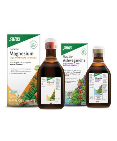 Floradix by Salus Magnesium (16.9 oz) & Ashwagandha Liquid (8.5 oz) Bundle - Magnesium for Bone Support Digestive Health & More* - Ashwagandha Vitamin C Vitamin B12 & More for Stress Support*