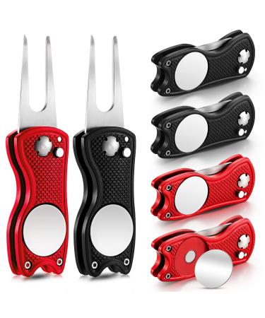 6 Packs Golf Repair Tool Stainless Steel Foldable Golf Divot Tool Magnetic Golf Button Tool Golf Ball Marker Black Red