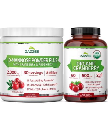 Zazzee Urinary Tract Cleanse Bundle | Fast Acting Probiotic Cranberry D Mannose Powder Plus USDA Organic Cranberry Extract Capsules for Women | Non-GMO Vegan & ISO Lab Tested