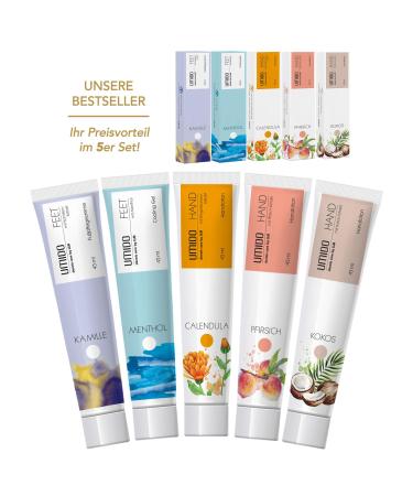 Umido 5 pieces Set Cosmetics Set 45 ml |1x foot cream chamomile |1x cooling gel menthol |1x hand lotion marigold |1x hand lotion peach |1x hand lotion coconut