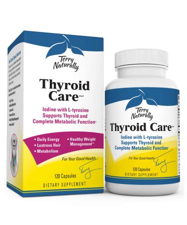Terry Naturally Thyroid Care - Iodine  L-Tyrosine 120 Capsules - Thyroid Support Supplement Promotes Energy Metabolism  Lustrous Hair - Non-GMO Gluten-Free Kosher - 60 Servings
