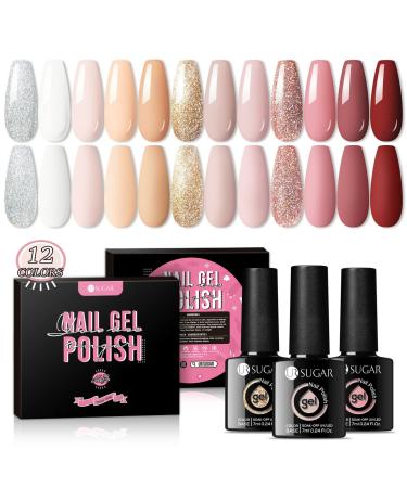 UR SUGAR Nude Gel Nail Polish 12 Colours Nude Pink White Bare Beige Apricot Sliver Glitter Neutral Gel Polish All Seasons Soak Off Gel Nail Varnish Gifts for Women Home Wedding Salon French Manicure Nude Pink Glitter