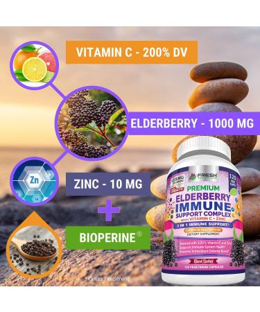 Premium Elderberry Capsules with Zinc, Vitamin C & Bioperine - 120 Vegan Sambucus Pills for Triple Immune Support - Buy Online on GoSupps.com