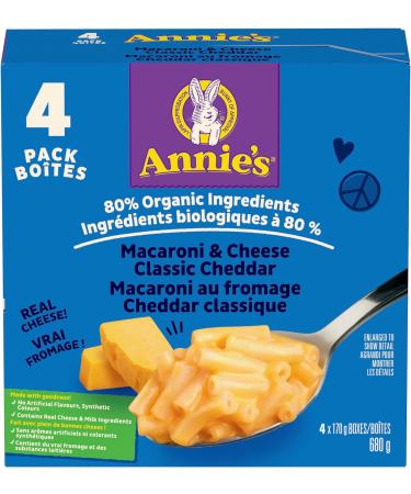 ANNIE'S - VALUE PACK SIZE - MACARONI and CHEESE Classic Cheddar 4 Pack 680 Grams Box No Artificial Flavours or Synthetic Colours Contains Real Cheese and Milk Ingredients 80% Organic Ingredients Food - Buy Online on GoSupps.com
