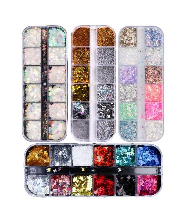 48 Color nail seedlettes glitter nail art rhinestone glitter for face body glitter shiny mixed round thin 3d nail art sticker DIY decoration (4 boxes/48 grids) - Buy Online on GoSupps.com