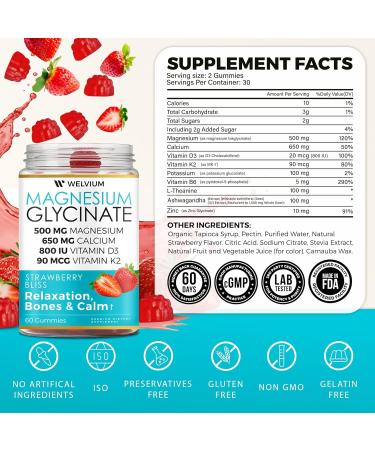 WELVIUM Magnesium Glycinate Gummies with Ashwagandha L-Theanine - 500mg Magnesium Glycinate D3 K2 B6 Calcium Zinc Potassium Supplement for Muscle Immune and Bone Support Chewable Magnesium - Buy Online on GoSupps.com