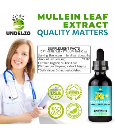 Undelio's Herbal Mullein Leaf Extract - Organic Alcohol-Free Tincture for Respiratory Lung Sleep Digestive Support - Non-GMO Vegan 2 fl. Oz Immune Health Lung Detox - Buy Online on GoSupps.com