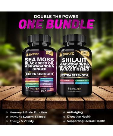 ELVPOTEC Shilajit and Sea Moss Bundle- 90 Count - Sea Moss 7000mg Black Seed Oil 4000mg Ashwagandha 2000mg Ginger & Shilajit 9000mg Rhodiola Rosea 1000mg All in 1 Supplements (1 Pack) - Buy Online on GoSupps.com