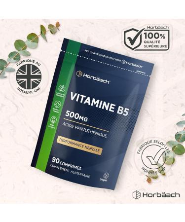 Vitamine B5 Acide Pantoth nique 500mg | 90 Comprim s Vegan | Complem nt Alimentaire Hautement Dos | Pantothenic Acid Supplement | par Horbaach - Buy Online on GoSupps.com
