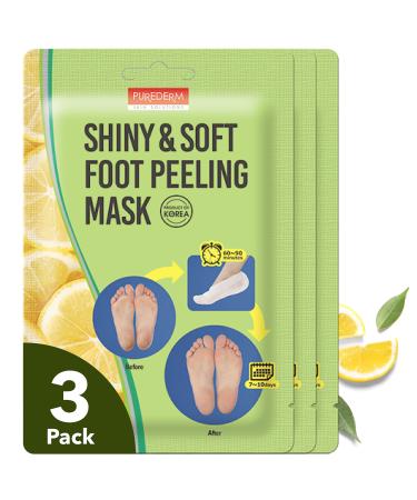 PUREDERM Shiny & Soft Foot Peeling Mask (3 Pack) - Exfoliating Peeling Treatment for Cracked feet Dry skin Callused Feet - Foot peel masks that remove Dead Skin With Lemon & Other Natural Botanical Extracts Makes Your Feet…