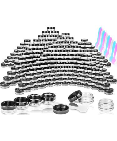 MotBach 100 Pcs 3g Empty Plastic Containers with Black Lids, Tiny Makeup Sample Containers, Small Pot Jars Clear Round Cosmetic Jars with 20 Pcs Mini Spatulas for Liquid, Sample, Creams