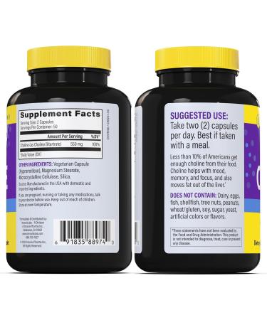InnovixLabs Choline Supplement 550mg Pure Choline Bitartrate for Brain Health Focus Memory Cognitive Development Fatty Liver and Mood Support for Women and Men 100 Capsules - Buy Online on GoSupps.com
