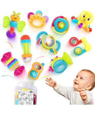 iPlay, iLearn 10pcs Baby Rattles Toys Set, Infant Grab N Shake Rattle, Sensory Teether, Early Development Learning Music Toy, Newborn Birthday Gifts for 0 1 2 3 4 5 6 7 8 9 10 12 Month Babies Boy Girl